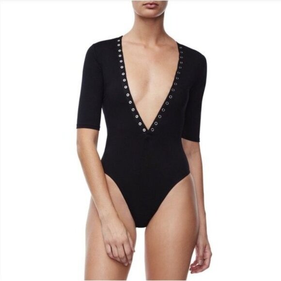 GOOD AMERICAN Snap Queen Black Half Sleeve Plunge V-Neck Bodysuit, Size 2/M - Picture 2 of 15